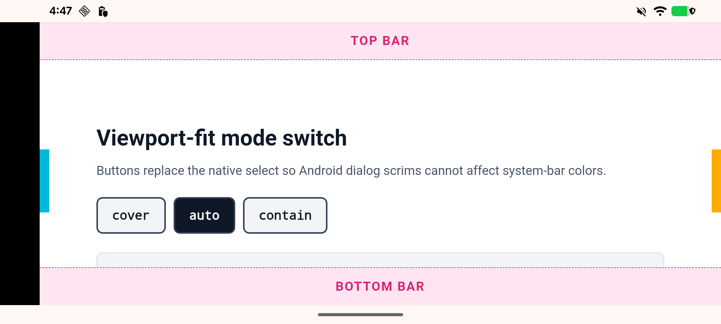Expected landscape auto result with fitted content and system bar colors covering the cutout inset