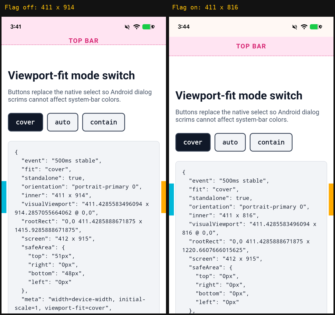 Same standalone PWA in portrait: flag off reports 411 x 914 and flag on reports 411 x 816