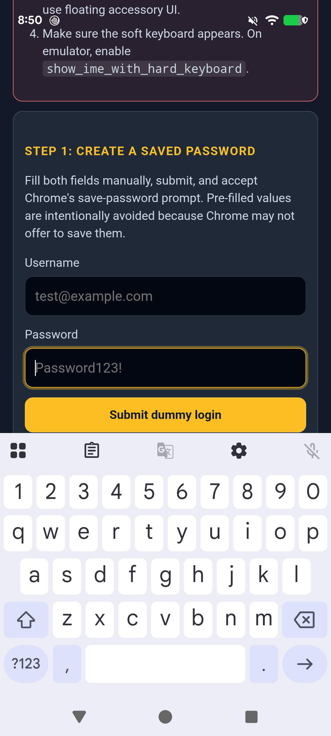 Standalone PWA with the keyboard open showing safe-area-inset-bottom 0