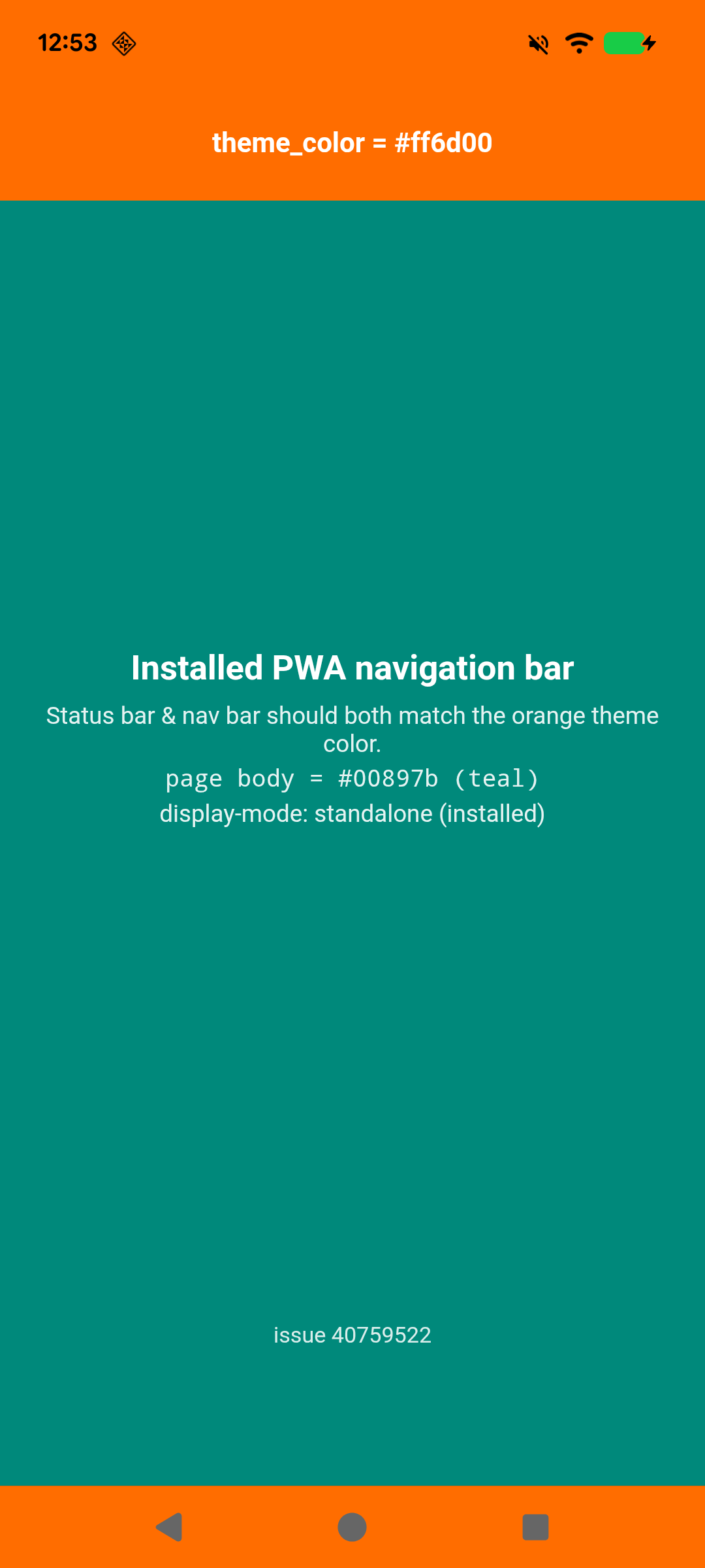 Installed PWA with the navigation bar colored to match the orange theme color