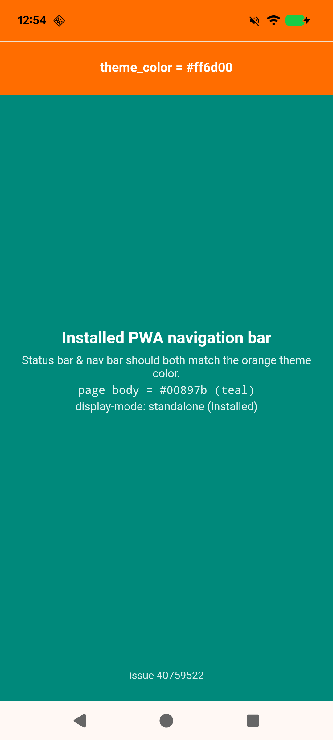 Installed PWA with a white navigation bar that does not match the orange theme color