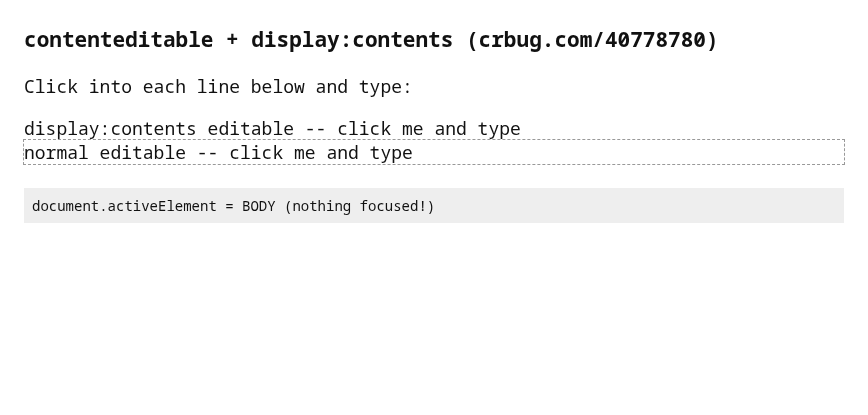Unfixed: focus stays on BODY, typing ignored