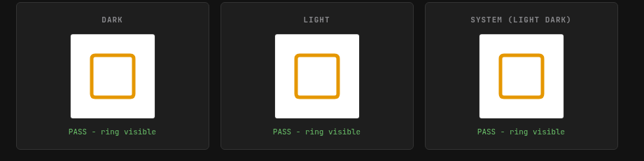 All three color schemes: focus ring visible
